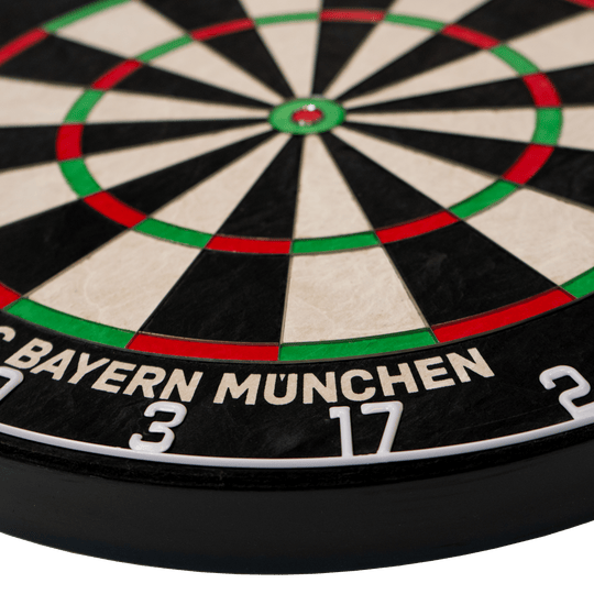 Cible de fléchettes en acier à poils Bulls FC Bayern Munich Das Bild zeigt das Bulls FC Bayern München Bristle Steeldartboard. Es handelt sich um eine Scheibe zum Dartspielen mit dem Logo des FC Bayern München.