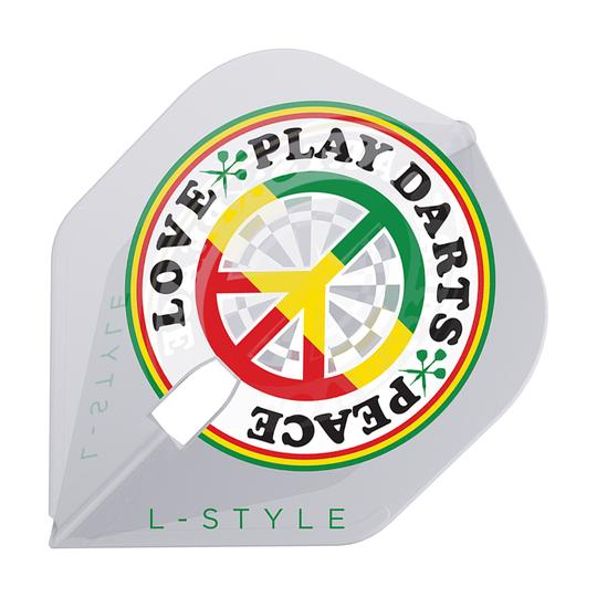 Volants L-Style Deta Hedman V4 Clear White L1PRO Das Bild zeigt einen weißen Dartflight mit einem farbenfrohen Kreisdesign und der Aufschrift "LOVE PEACE PLAY DARTS". Unten steht in grüner Schrift "L-STYLE".