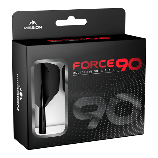 Système d'arbre de transMission Mission Force 90 n° 6 - Noir Die Abbildung zeigt die Verpackung des Produkts "Mission Force 90 No6 Flight-Shaft-System - Schwarz". In der Box befindet sich ein schwarzes Flight- und Shaft-System für Darts.