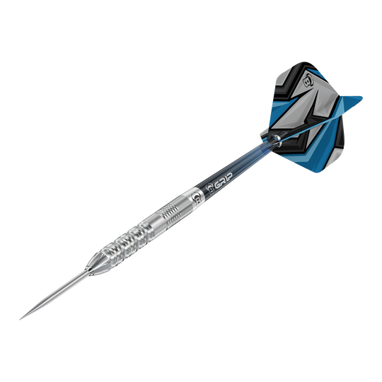 Fléchettes en acier Bulls Stone S2 Das Bild zeigt einen Bulls Stone S2 Steeldartpfeil mit silberner Spitze und Riffelung für besseren Halt. Das Flight-Design ist in Blau, Schwarz und Grau gehalten.