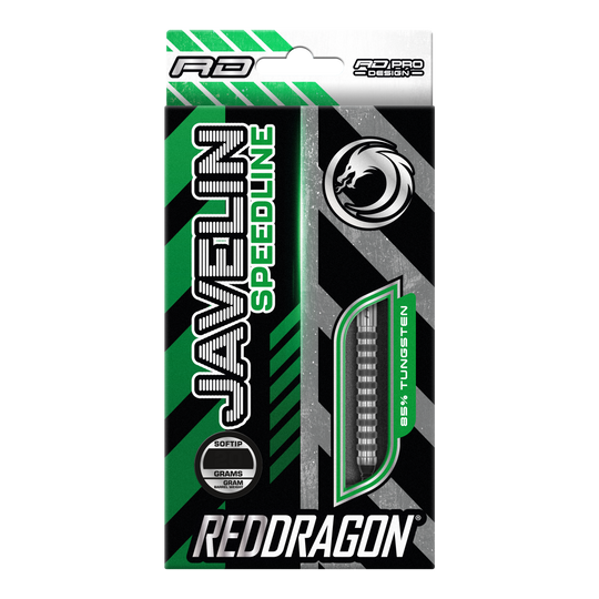 Fléchettes souples Red Dragon Javelin Speedline - 20 g Die Verpackung zeigt die "Red Dragon Javelin Speedline Softdarts" mit 20 Gramm Gewicht. Das Design ist grün, schwarz und silbern und hebt 85% Tungsten hervor.