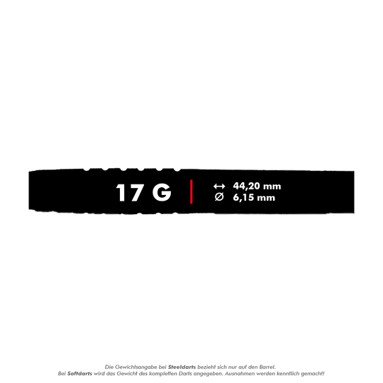 Fléchettes souples McDart 85 Tungstène V14 - 17 g Das Bild zeigt die Produktdetails der McDart 85er Tungsten V14 Softdarts mit einem Gewicht von 17 Gramm. Die Länge beträgt 44,20 mm und der Durchmesser 6,15 mm.