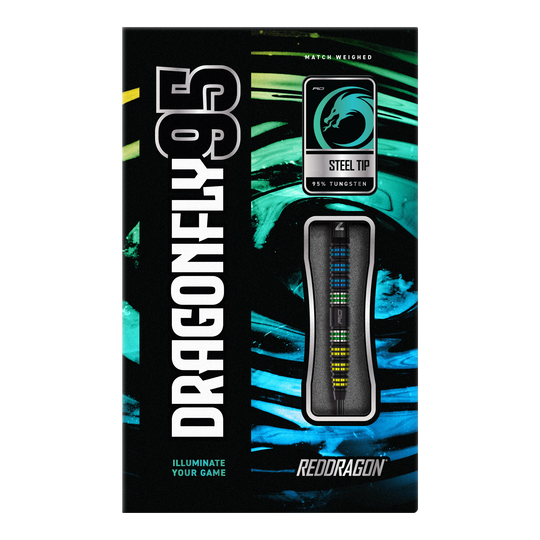 Fléchettes Red Dragon Libellule 95 noires coniques en acier Auf dem Bild ist die Verpackung der "Red Dragon Dragonfly 95 Black Tapered Steeldarts" zu sehen. Die Schachtel hebt das Design der Darts sowie den Schriftzug und die Materialien hervor.