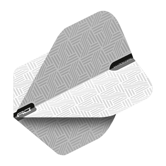 TF6427_Red_Dragon_Hardcore_White_Standard_Flights_2 Das Bild zeigt einen weißen Dartflight mit geometrischem Muster. Auf dem Flight steht der Schriftzug „HARDCORE“.