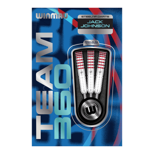 Fléchettes en acier Winmau Team 360 Jack Johnson - 24 g Abgebildet sind die Winmau Team 360 Jack Johnson Steeldarts mit 24 Gramm Gewicht. Die Darts zeichnen sich durch ihr markantes Design aus.