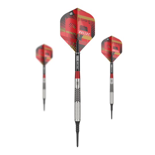 Fléchettes souples Target Stephen Bunting GEN5 - 18 g Das Bild zeigt drei Softdarts des Modells "Target Stephen Bunting GEN5" mit einem Gewicht von 18g. Die Flights sind rot gemustert und tragen die Aufschrift "BULLET".