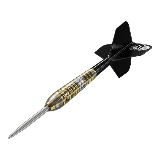 Fléchettes en acier Target Japan Hot Shot GEN2 - 23 g Das Bild zeigt einen Target Japan Hot Shot GEN2 Steeldart mit einem Gewicht von 23g. Der Dart hat einen metallischen, geriffelten Griffbereich und schwarze Flights.