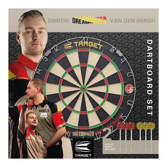Jeu de fléchettes en acier Target Dimitri Van Den Bergh Das Bild zeigt das Produkt "Target Dimitri Van Den Bergh Steeldartboard Set" mit einer großen Dartscheibe in der Mitte. Rechts unten sieht man sechs mitgelieferte Darts und im Hintergrund ist Dimitri Van Den Bergh mehrfach abgebildet.