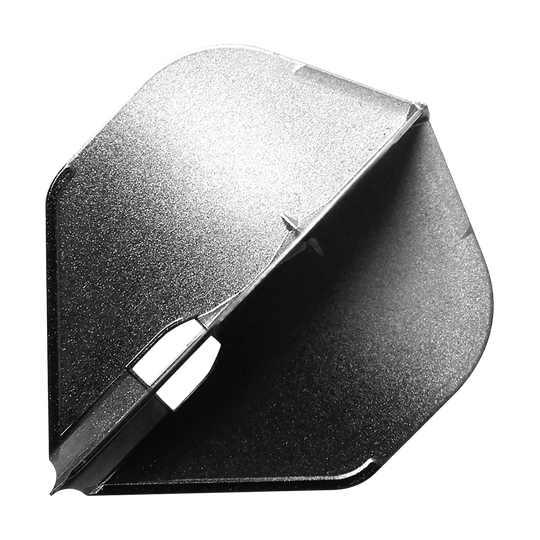 Dies ist ein silbernes Dartflight in L-Form mit einem zweifarbigen Design. Die Oberfläche sieht leicht glänzend und strukturiert aus.