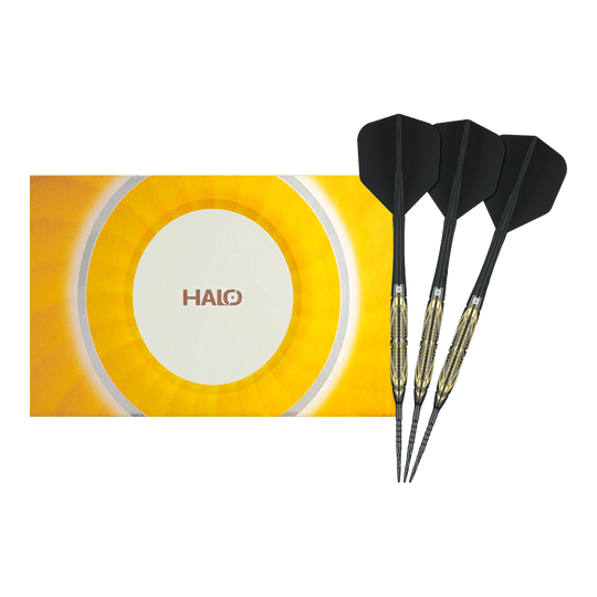 Fléchettes en acier Caliburn Halo H2 - 22,5 g Das Bild zeigt die Caliburn Halo H2 Steeldarts mit einem Gewicht von 22,5g in voller Länge. Die Steeldarts sind besonders langlebig und robust.