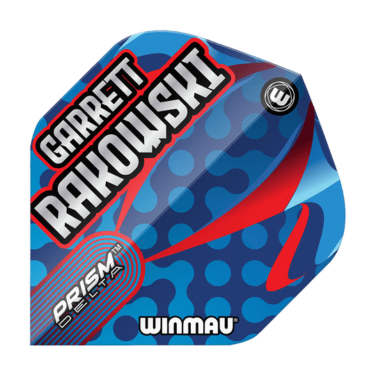 Vols standard Winmau Prism Delta Garrett Rakowski Das Bild zeigt die Winmau Prism Delta Garrett Rakowski Standard Flights. Das Flight-Design ist blau mit roten und hellblauen Akzenten sowie dem Namen "Garrett Rakowski" in großen Buchstaben.