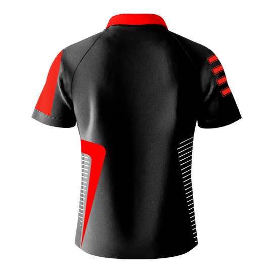 T-shirt Bulls Team Dart - Rouge Das Bild zeigt das Bulls Team Dartshirt in Rot von hinten. Das Shirt ist hauptsächlich schwarz mit roten und weißen Designelementen auf den Ärmeln und an den Seiten.