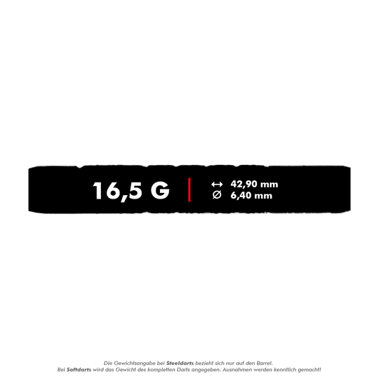 Fléchettes souples McDart 85 Tungstène V7 - 16,5 g Das Bild zeigt die technischen Daten des Produkts "McDart 85er Tungsten V7 Softdarts - 16,5g". Der Dart wiegt 16,5 Gramm, ist 42,90 mm lang und hat einen Durchmesser von 6,40 mm.