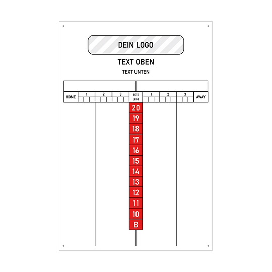 INSCORE1_Scoreboard_mit_Wunschdruck_40x60cm_Rot_3 Das Bild zeigt ein Scoreboard mit der Größe 40 x 60 cm, das individuell bedruckt werden kann. Oben ist Platz für ein Logo und einen Wunschtext, darunter befinden sich Anzeigefelder für Heim- und Auswärtsteams sowie ein Zählbereich für Punkte.