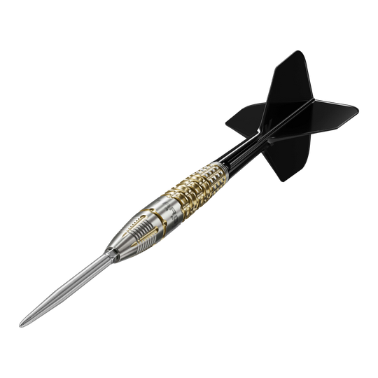 Fléchettes en acier Target Black Marque Warrior Swiss Point Das Bild zeigt einen Target Black Marque Warrior Swiss Point Steeldart. Der Dart hat eine silberne Spitze, einen gold-silbernen Griff und schwarze Flights.