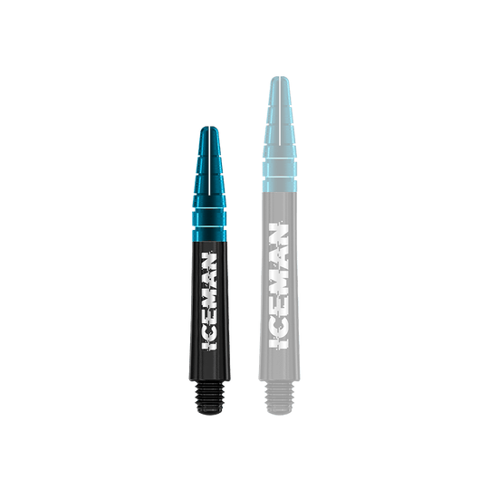 C636_Red_Dragon_Nitrotech_Gerwyn_Price_Shafts_Black_36mm_1zJba8UA2mSc2F Das Bild zeigt zwei schwarze Dartschäfte mit blauen Enden. Auf den Schäften steht in weißer Schrift das Wort "ICEMAN".