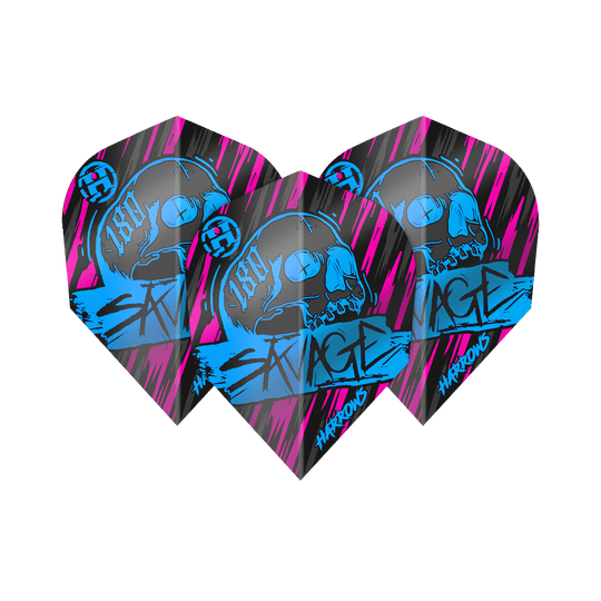 Ailettes No6 Savage Aqua Pink de Harrow's Das Bild zeigt die Harrows Savage Aqua Pink No6 Flights, die für Dartpfeile verwendet werden. Sie sind schwarz mit auffälligen blauen und pinken Grafiken, darunter ein Totenkopf und das Wort "SAVAGE".
