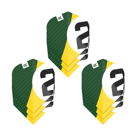 Das Bild zeigt drei Sätze der Target Pro Ultra Chicane Green No6 Flights. Die Flights sind grün, gelb und weiß mit einer schwarzen Zahl "2" darauf.