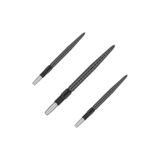 Pointes de fléchettes Target Swiss Point RVE - Noires Das Bild zeigt drei schwarze Dartspitzen mit silbernem Schraubgewinde. Sie sind unterschiedlich ausgerichtet und liegen auf einem grünen Hintergrund.