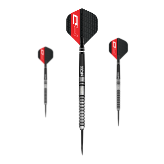 Das Bild zeigt drei Steeldarts des Modells "Red Dragon Gian Van Veen" mit einem Gewicht von 21g. Die Pfeile haben schwarze und rote Flights sowie silberne, gerillte Barrels.