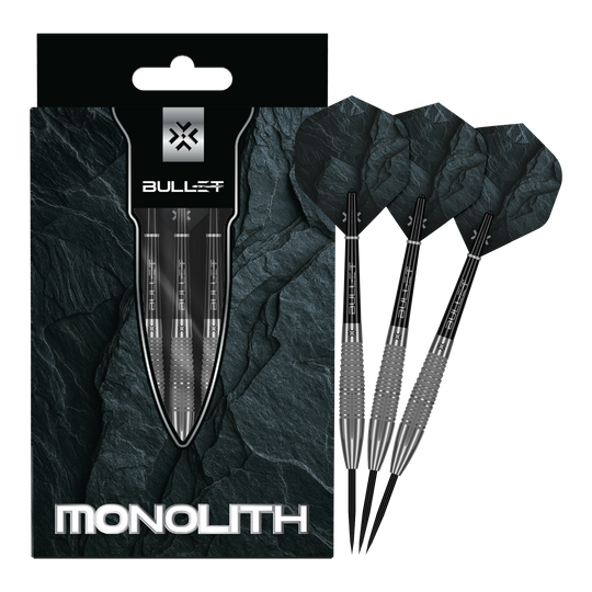 Abgebildet sind die Bullet Monolith Steel Darts in voller Länge. Dieses Produkt eignet sich für das Steeldart-Spiel.