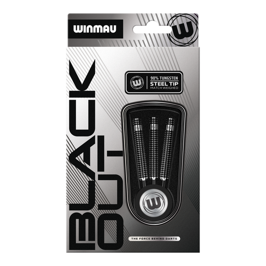 Fléchettes en acier Winmau Blackout Variant 1 Das Bild zeigt die Winmau Blackout Variante 1 Steeldarts. Diese Steeldarts sind aus Tungsten gefertigt und für Präzision entwickelt.
