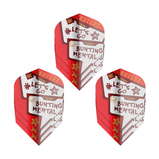 Ailettes Target Pro Ultra Stephen Bunting Mental No6 - 3 jeux Das Bild zeigt drei Sets der "Target Pro Ultra Stephen Bunting Mental No6 Flights" für Darts. Die Flights sind rot-weiß gestaltet und tragen Aufschriften wie "#LET'S GO" und "BUNTING MENTAL."