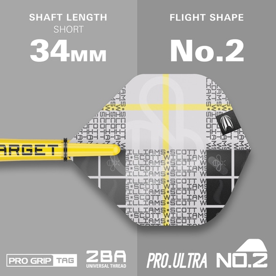 Fléchettes souples Target Scott Williams GEN2 - 18 g Das Bild zeigt das Produkt "Target Scott Williams GEN2 Softdarts - 18g" mit einem kurzen Schaft von 34 mm. Die Flight-Form ist No. 2 und das Design ist in Gelb, Weiß und Schwarz gehalten.