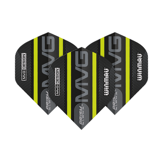 6915-188_Winmau_Prism_Alpha_MvG_Green_Standard_Flights_1DsuqRMQsWxUEQ Das Bild zeigt drei Winmau Prism Alpha MvG Green Standard Flights für Darts. Die Flights sind schwarz mit grünen Streifen und silberner Aufschrift.