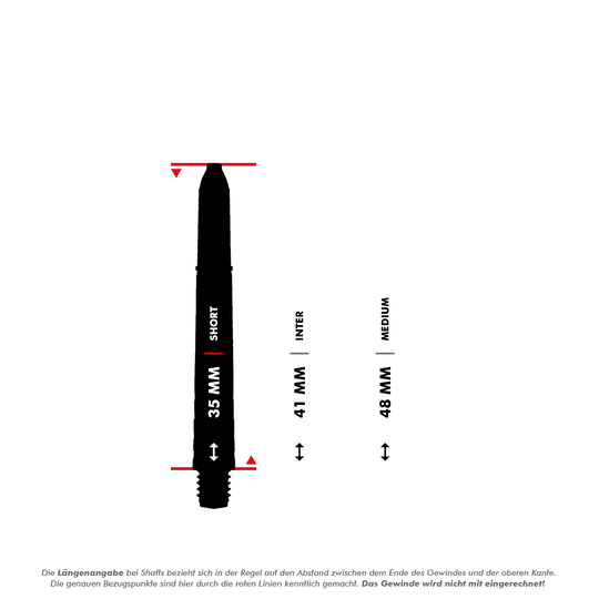 7020_Winmau_Prism_Force_Shafts_5_35mmChpKFhBL6KYOD Das Bild zeigt verschiedene Längen von Dartschäften, wobei die kurze Version 35 mm lang ist. Die Längenangaben beziehen sich auf den Abstand vom Ende des Gewindes bis zur oberen Kante, ohne das Gewinde einzuberechnen.