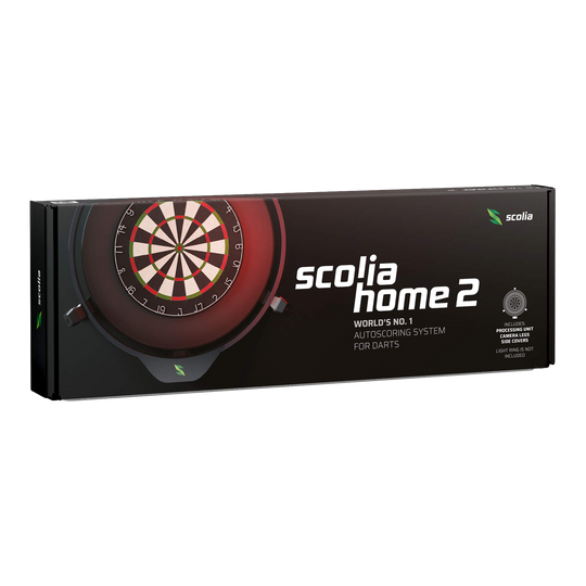 Scolia Home 2 Système de notation électronique automatique 2026 Die Abbildung zeigt die Verpackung des Produkts "Scolia Home 2 Electronic Score System". Es handelt sich um ein automatisches Punktezählsystem für Darts.