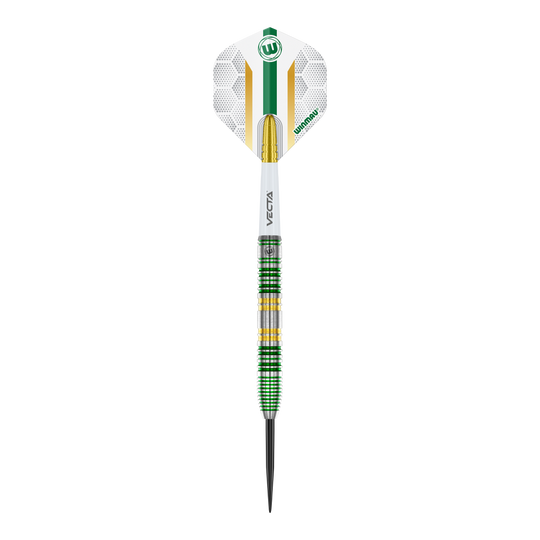 Fléchettes en acier Winmau Xenon Das Bild zeigt einen Winmau Xenon Steeldart mit einer weißen, grünen und goldenen Gestaltung. Der Dartpfeil hat einen markanten Ringgriff und eine spitze Metallspitze.
