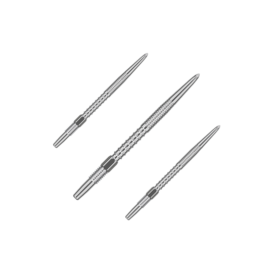 Pointes de fléchettes Target Swiss Firepoint Silver Das Bild zeigt drei silberne Dartspitzen, die nebeneinander angeordnet sind. Sie sind länglich und haben eine feine Riffelung für besseren Halt.