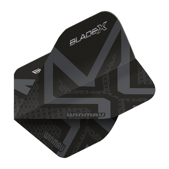 Ailettes standard Winmau Prism Delta Blade X Noir Métallisé n° 2 Winmau Prism Delta Blade X Metallic Black No2 Standard Flights wird gezeigt. Ein Dartflugblatt in metallischem Schwarz, Standardgröße Nummer 2.