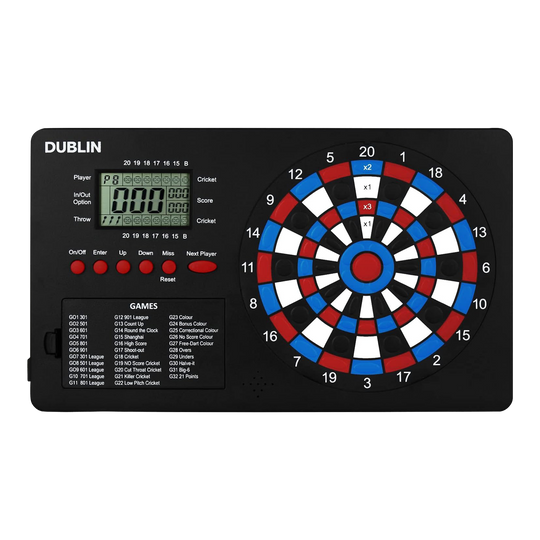 Compteur de fléchettes XQMax Dublin Das Bild zeigt den "XQMax Dublin Dart Counter", ein elektronisches Dartspiel mit eingebautem Punktezähler. Links befindet sich ein digitales Display und Tasten zur Spielsteuerung, rechts das bunte Dartboard mit verschiedenen Zahlenfeldern.