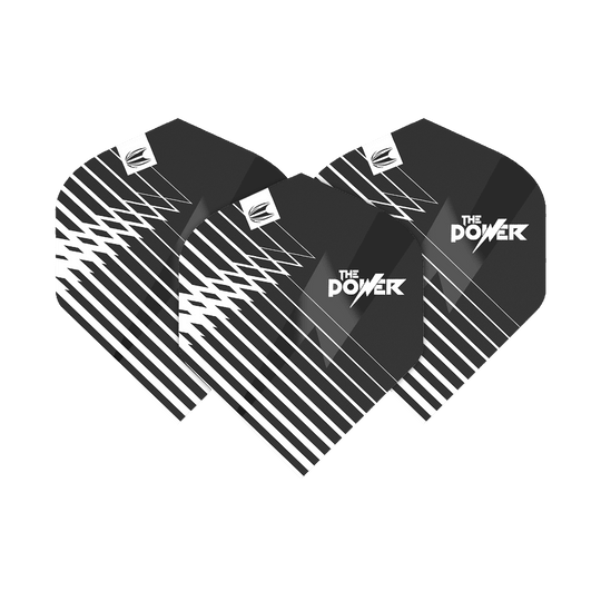 Das Bild zeigt drei schwarze Dartflights mit weißen, diagonalen Linien. Auf den Flights steht "The Power" in weißer Schrift.