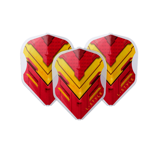 Vols L-Style V-Series V1 Type A Espagne Blanc Transparent L3EZ Das Bild zeigt drei Dart-Flights mit einem auffälligen roten und gelben Muster. Auf den Flights steht in gelber Schrift "L-STYLE".