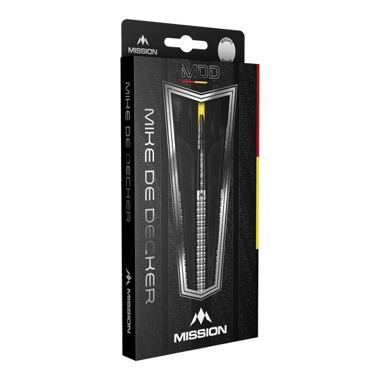 Die Abbildung zeigt die Verpackung der "Mission Mike De Decker MDD Silver Steeldarts". Auf der Schachtel sind der Markenname Mission und der Name Mike De Decker deutlich zu erkennen.