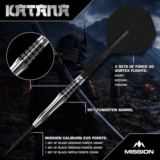 Fléchettes en acier Mission Katana Mission Katana Steeldarts werden präsentiert. Das Foto zeigt das Produkt detailliert für eine bessere Ansicht.