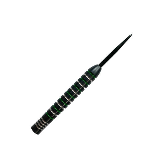 Canons en acier vert argenté McDart Das Bild zeigt einen McDart Silver Green Steeldart Barrel. Der Dart hat silberne und grüne Rillen und eine schwarze Spitze.