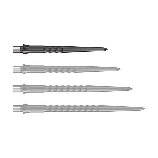 Abgebildet ist eine schwarze Steeldartspitze mit Ripple NoLip Design, 28 mm lang. Das Produkt gehört zum Caliburn Evo System.
