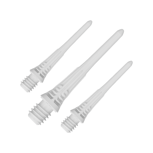 Pointes de fléchettes Target Cryo Soft, paquet de 30 - Blanches Target Cryo Softdartspitzen 30er Pack - Weiß werden einzeln dargestellt. Das Bild hebt die Form und die Farbe der Softdartspitzen hervor.