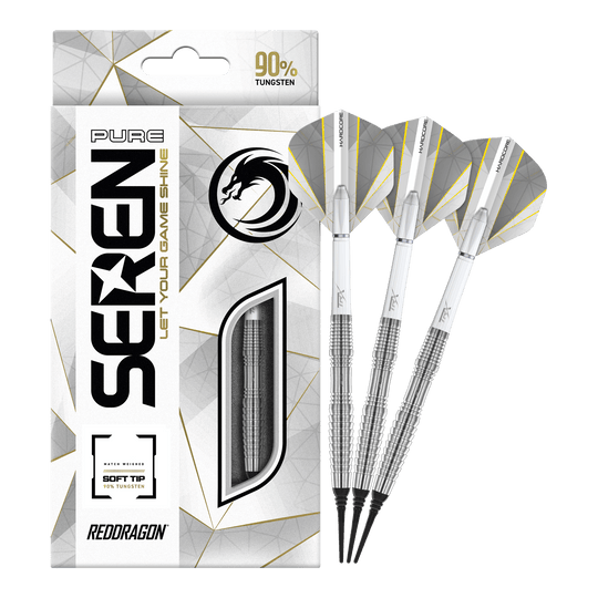 Das Bild zeigt die Red Dragon Seren 3 Pure Softdarts mit 20g Gewicht. Die Verpackung hebt hervor, dass die Darts zu 90% aus Tungsten bestehen.