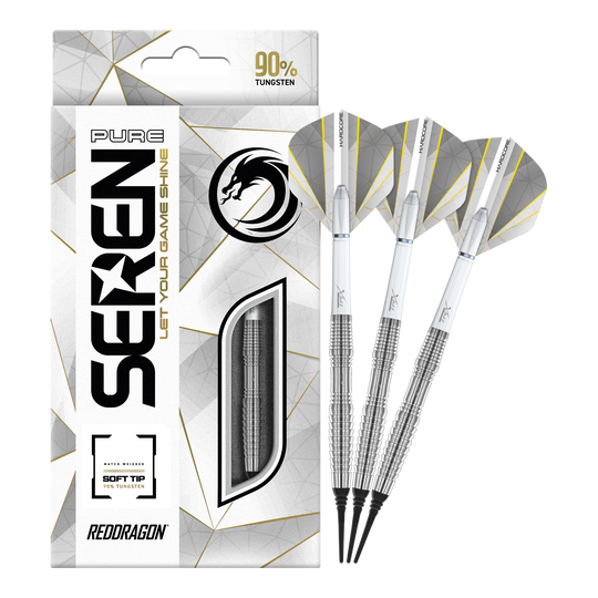 Fléchettes Red Dragon Seren 3 Pure Softdarts - 20 g Das Bild zeigt die Red Dragon Seren 3 Pure Softdarts mit 20g Gewicht. Die Verpackung hebt hervor, dass die Darts zu 90% aus Tungsten bestehen.