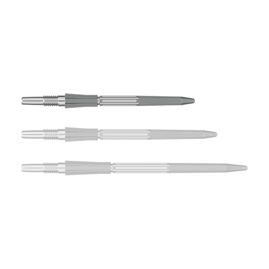 Abgebildet ist eine silberne SwissPoint Dartspitze, 30 mm lang. Die Spitze stammt vermutlich von Target Elysian Archetype 43.