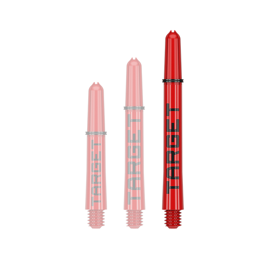 Auf dem Bild sind drei rote Dart-Schäfte in unterschiedlichen Längen zu sehen. Auf jedem Schaft steht das Wort "TARGET" in schwarzen Buchstaben.