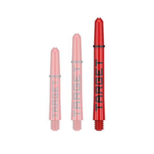 Tiges Target Pro Grip TAG - 3 jeux - Rouge Auf dem Bild sind drei rote Dart-Schäfte in unterschiedlichen Längen zu sehen. Auf jedem Schaft steht das Wort "TARGET" in schwarzen Buchstaben.