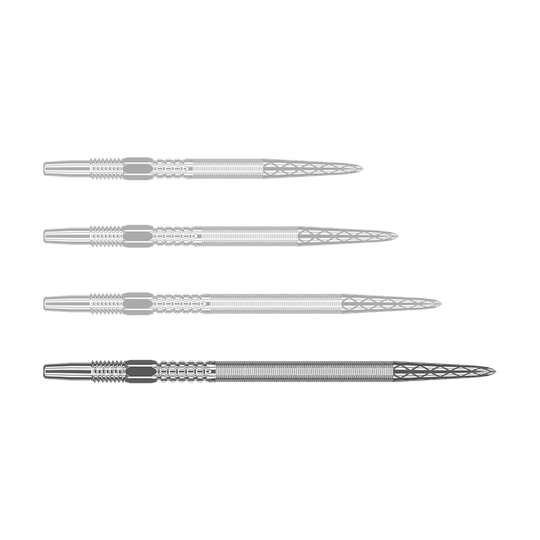 Pointes de fléchettes Target Swiss Point DX - Argent Auf dem Bild sind vier silberne Dartspitzen in einer Reihe zu sehen. Die Spitzen haben ein geriffeltes Muster und eine spitz zulaufende Form.