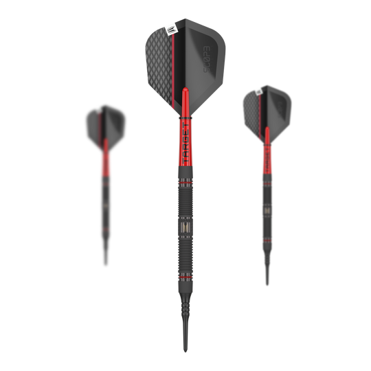 Target Scope 10 fléchettes souples Das Bild zeigt drei Softdarts des Produkts „Target Scope 10“. Die Darts sind überwiegend schwarz mit roten Akzenten und haben ein modernes Design.