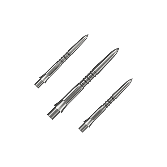 Embouts de fléchettes Mission Caliburn EVO GV1 - argent Auf dem Bild ist ein Set silberner Steeldartspitzen mit 26 mm Länge zu sehen. Mehrere Spitzen sind zusammen angeordnet.